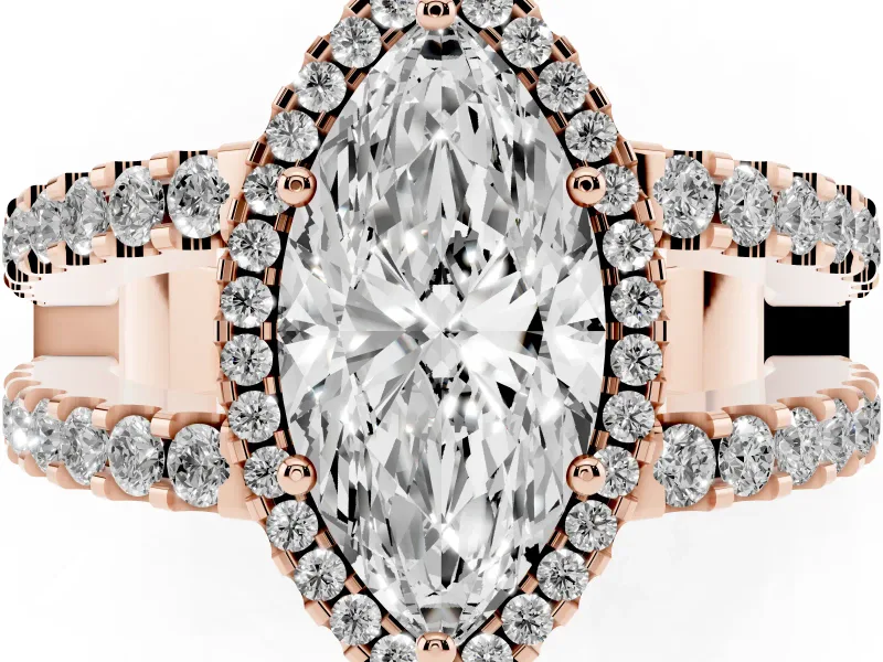 Marquise Cut Diamond Halo Ring Set in Rose gold with Pavé Split Shank and Prong Setting