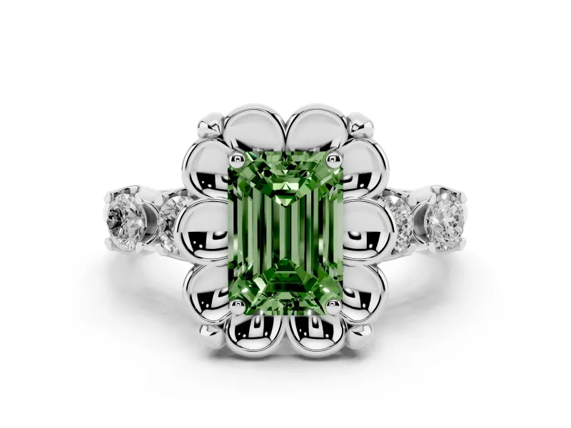 Fancy Green Emerald Cut Diamond Floral Halo Ring Set in Silver with Shared Prong Band