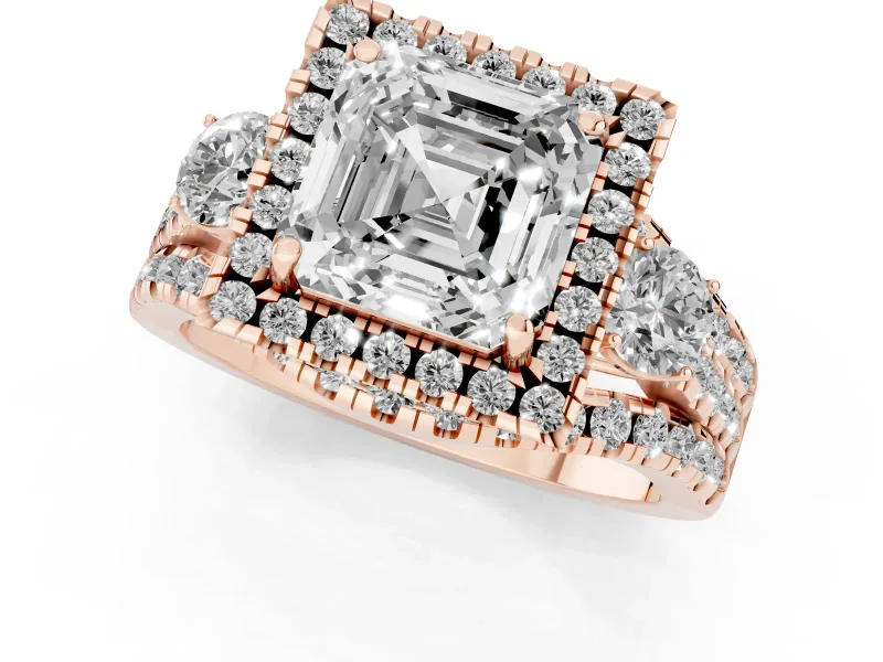 Asscher Cut Halo Split Shank Engagement Ring Setting | Round Side Stones | Rose Gold