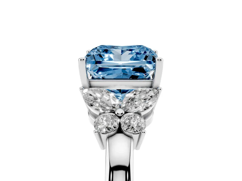 Fancy Blue Princess Cut Diamond Solitaire Floral Ring Set in Silver with Marquise Petals and Prong Setting