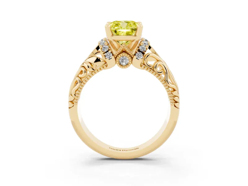 Fancy Yellow Cushion Cut Diamond Filigree Halo Engagement Ring Set in Yellow gold with Prong Setting