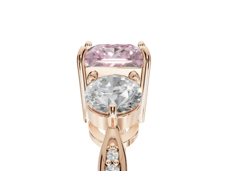 Princess Cut Three Stone Engagement Ring Setting for a Fancy Pink Lab-Grown Diamond | Tapered Pave Band | Rose Gold