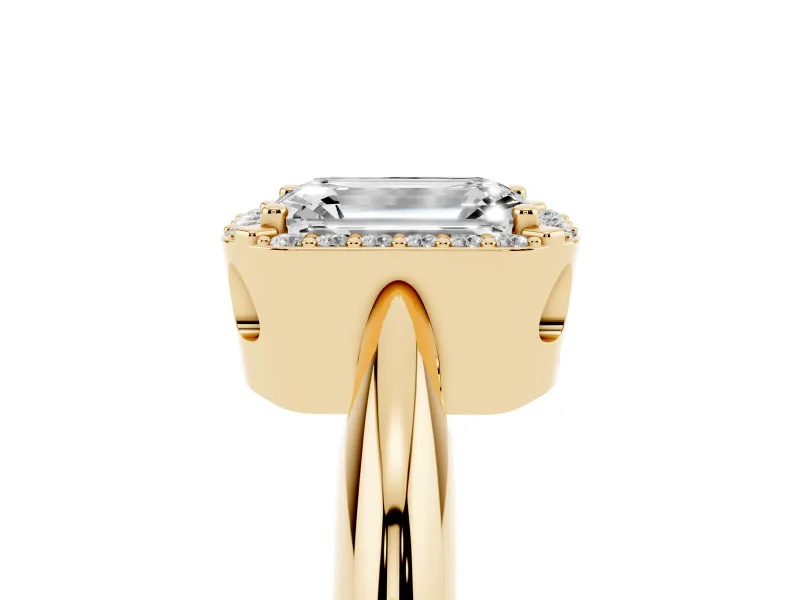 Emerald Cut Diamond Halo Engagement Ring Set in Yellow gold with Plain Split Shank and Prong Setting