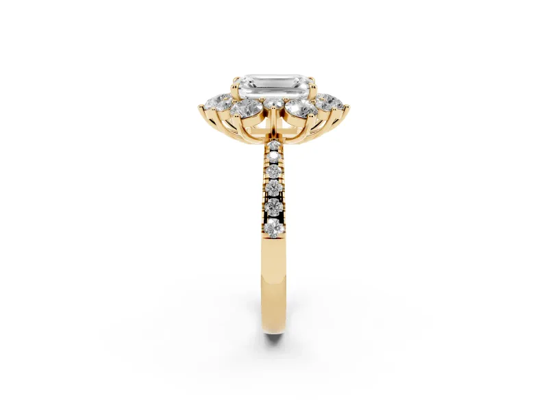 Emerald Cut Diamond Floral Halo Ring Set in Yellow gold with Round Pavé Band and Prong Setting