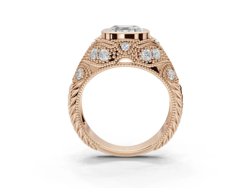 Asscher Cut Vintage Bezel Engagement Ring Setting | Beaded Paisley Shoulders | Rose Gold