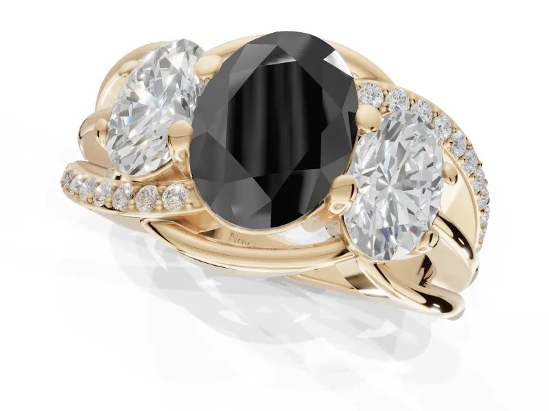 Oval Three Stone Engagement Ring Setting for a Black Center | Yellow Gold