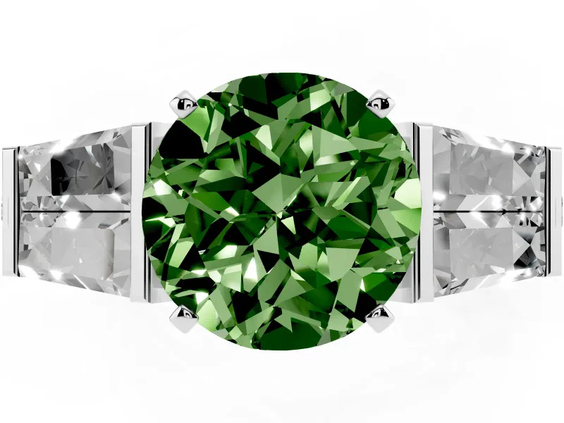 Fancy Green Round Cut Diamond Engagement Ring Set in Silver with Baguette Side Stones and Channel Set Band