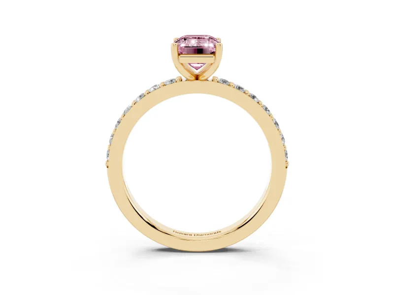 Emerald Cut Pavé Solitaire Engagement Ring Setting for a Fancy Pink Lab-Grown Diamond | Single Row Band | Yellow Gold