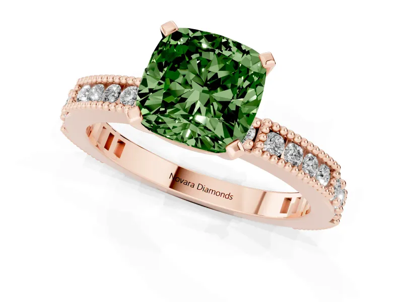 Fancy Green Cushion Cut Diamond Solitaire Ring Set in Rose gold with Slim Pavé Band and Prong Setting