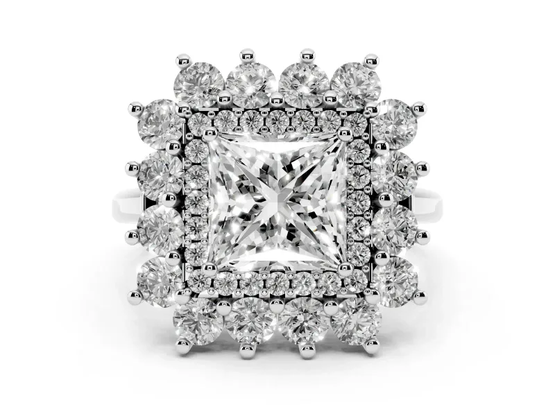 Princess Cut Diamond Floral Double Halo Ring Set in Platinum with Round Petals