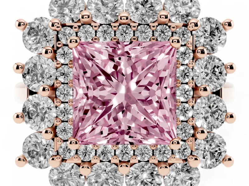 Princess Cut Floral Double Halo Engagement Ring Setting for a Fancy Pink Lab-Grown Diamond | Plain Band | Rose Gold
