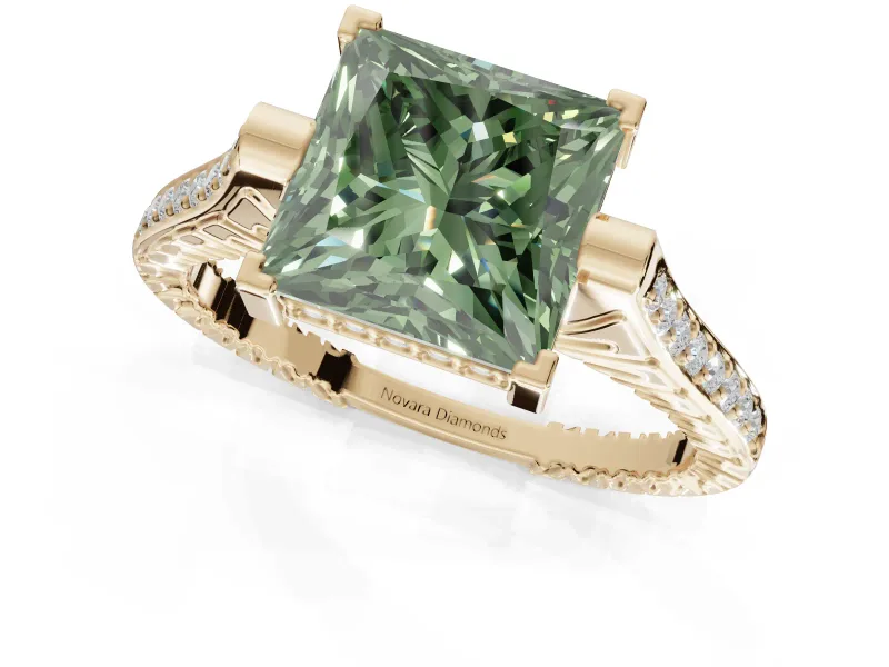 Princess Cut Vintage Cathedral Engagement Ring Setting for a Fancy Green Lab-Grown Diamond | Carved Band | Yellow Gold