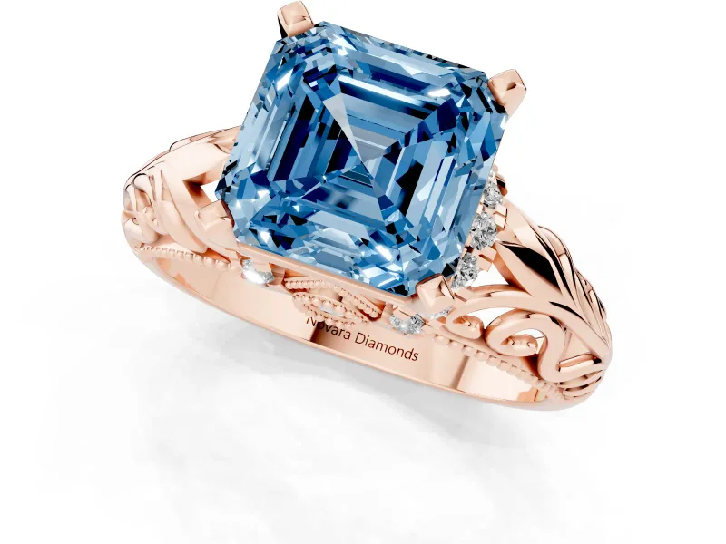Fancy Blue Asscher Cut Diamond Filigree Halo Engagement Ring Set in Rose gold with Prong Setting