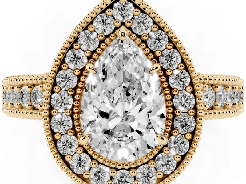 Pear Cut Diamond Halo Ring Set in Yellow gold with Round Accent Halo, Pavé Band and Prong Setting