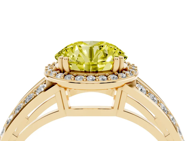 Round Halo Engagement Ring Setting for a Fancy Yellow Lab-Grown Diamond | Split Shank | Yellow Gold