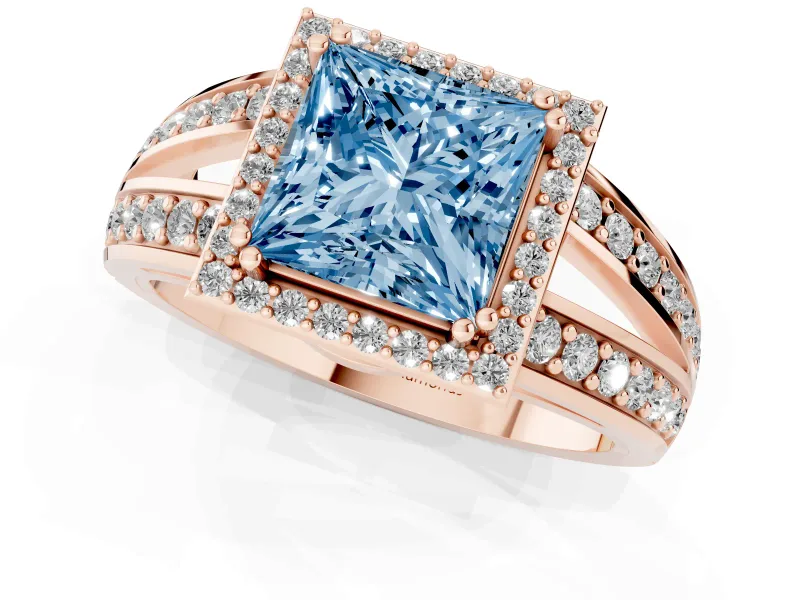 Princess Cut Halo Engagement Ring Setting for a Fancy Blue Lab-Grown Diamond | Two-Row Pave Split Shank | Rose Gold