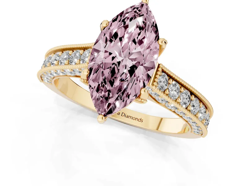 Marquise Hidden Halo Engagement Ring Setting for a Fancy Pink Lab-Grown Diamond | Milgrain Pave | Yellow Gold