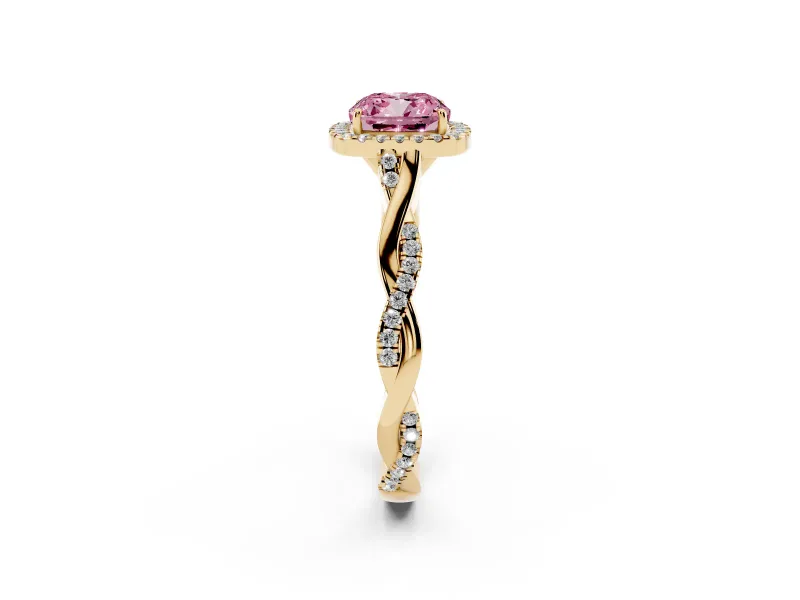 Cushion Cut Twist Halo Engagement Ring Setting for a Fancy Pink Lab-Grown Diamond | Yellow Gold