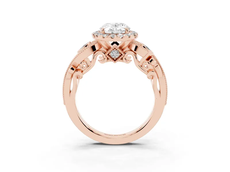 Oval Vintage Milgrain Halo Engagement Ring Setting | Bezel Shoulder Accents | Rose Gold