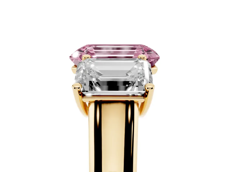 Emerald Cut Three Stone Engagement Ring Setting for a Fancy Pink Lab-Grown Diamond | Basket Prong Heads | Yellow Gold