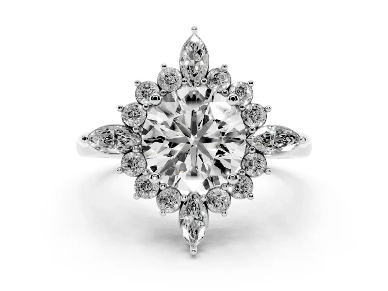 Round Cut Diamond Cluster Halo Ring Set in Platinum with Marquise and Round Accents