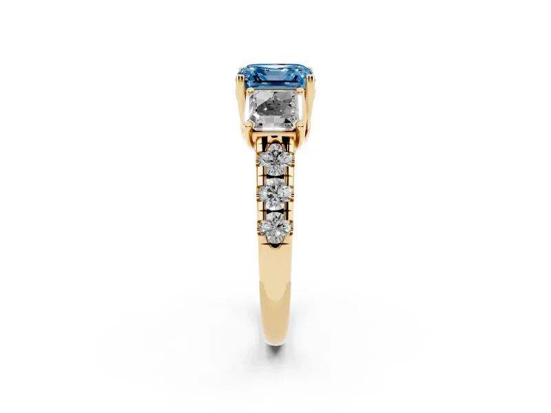 Asscher Cut Three Stone Engagement Ring Setting for a Fancy Blue Lab-Grown Diamond | Accented Shoulders | Yellow Gold