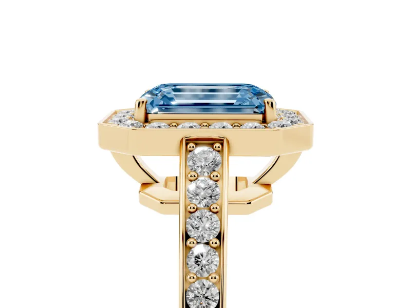 Emerald Cut Framed Halo Engagement Ring Setting for a Fancy Blue Lab-Grown Diamond | Yellow Gold