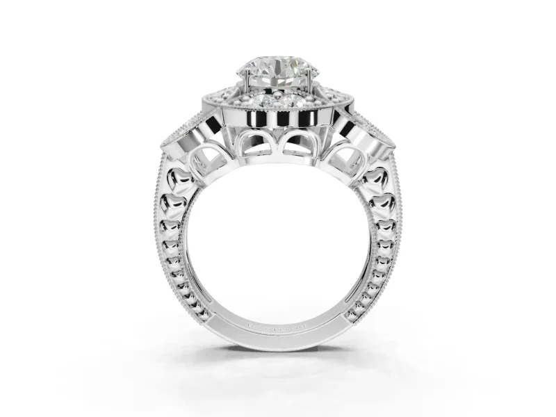 Round Vintage Floral Halo Engagement Ring Setting | Engraved Milgrain Band | Platinum