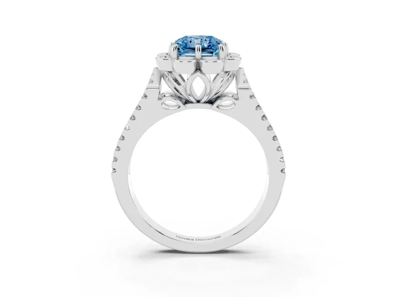 Radiant Cut Floral Halo Engagement Ring Setting for a Fancy Blue Lab-Grown Diamond | Pavé Split Shank | White Gold