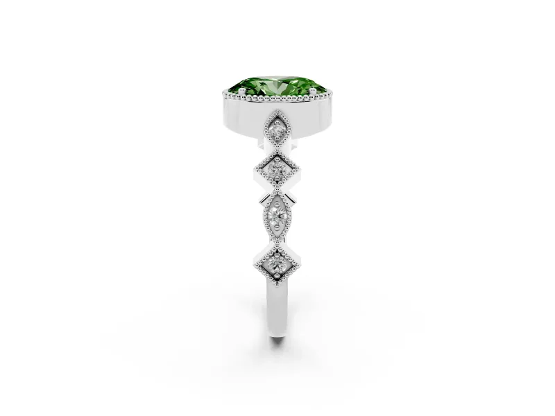Fancy Green Oval Cut Diamond Milgrain Marquise Twist Band Ring Set in White gold with Prong Setting