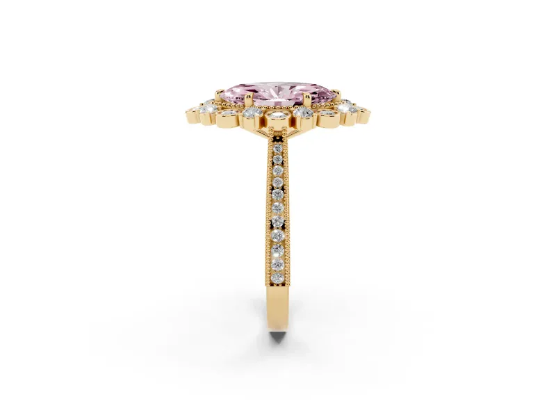 Fancy Pink Marquise Cut Diamond Halo Milgrain Pavé Ring Set in Yellow gold with Prong Setting