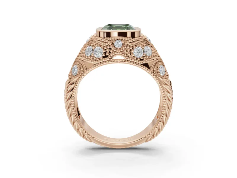 Asscher Cut Vintage Bezel Engagement Ring Setting for a Fancy Green Lab-Grown Diamond | Rose Gold