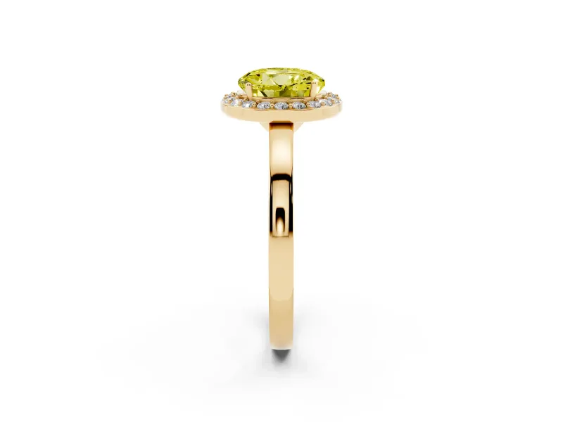 Fancy Yellow Round Cut Diamond Halo Ring Set in Yellow gold with Solitaire Band and Prong Setting