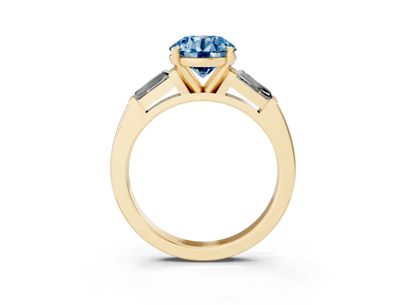 Round Three Stone Engagement Ring Setting for a Fancy Blue Lab-Grown Diamond | Tapered Baguettes | Yellow Gold