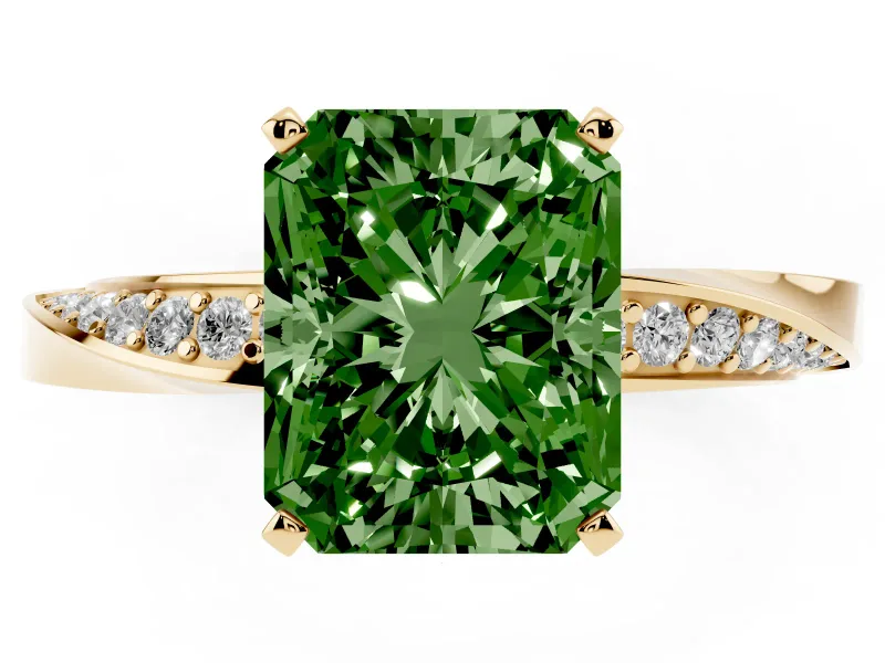 Fancy Green Radiant Cut Diamond Engagement Ring Set in Yellow gold with Side Stone Accents and Prong Setting