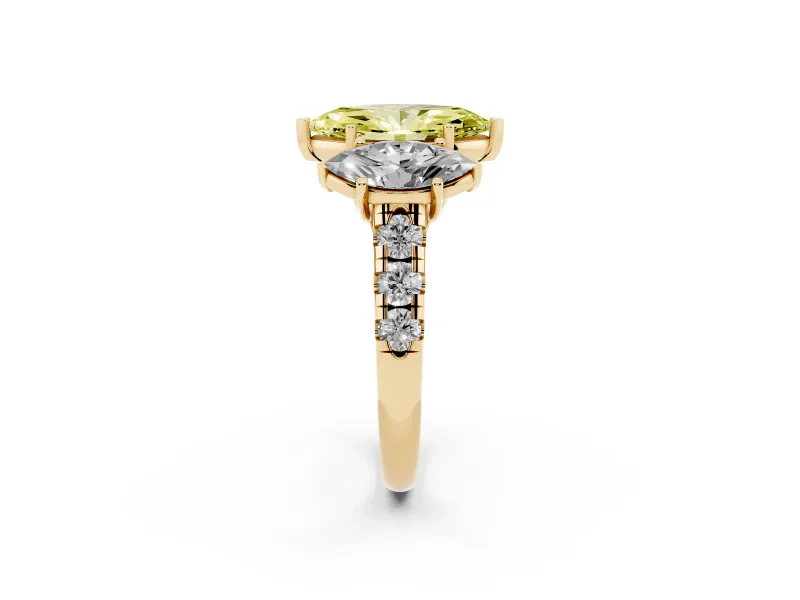 Marquise Three Stone Engagement Ring Setting for a Fancy Yellow Lab-Grown Diamond | Accented Shoulders | Yellow Gold