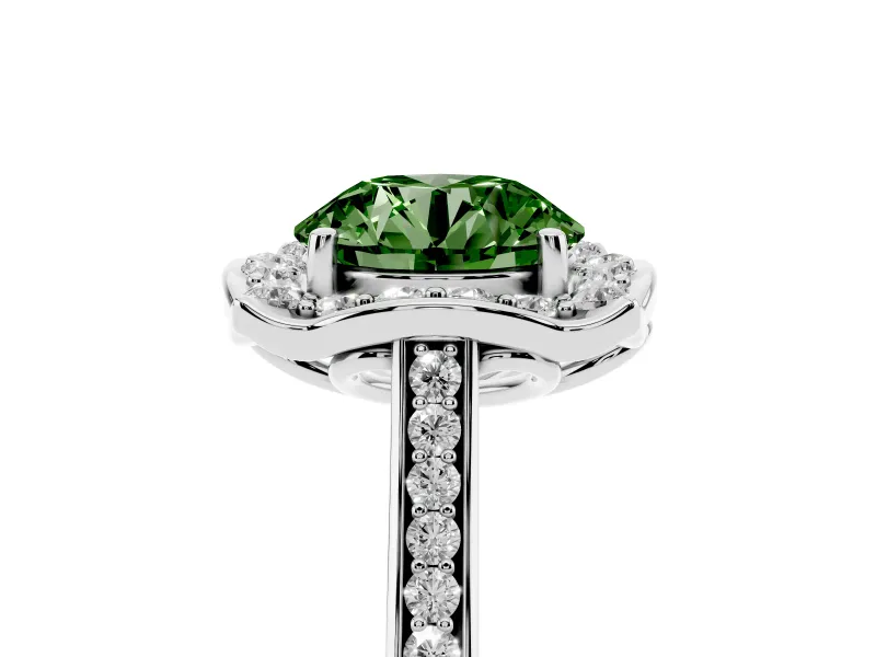 Round Halo Engagement Ring Setting for a Fancy Green Lab-Grown Diamond | Petal Tips | Platinum