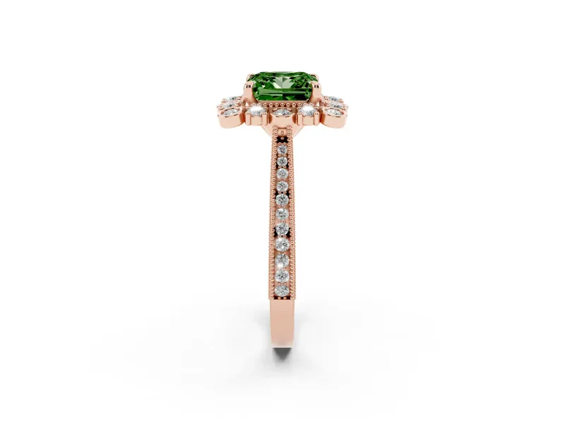 Princess Cut Scalloped Halo Engagement Ring Setting for a Fancy Green Lab-Grown Diamond | Milgrain Edges | Rose Gold