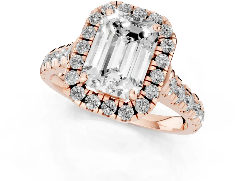 Emerald Cut Halo Engagement Ring Setting | Shared Prong Shoulders | Rose Gold
