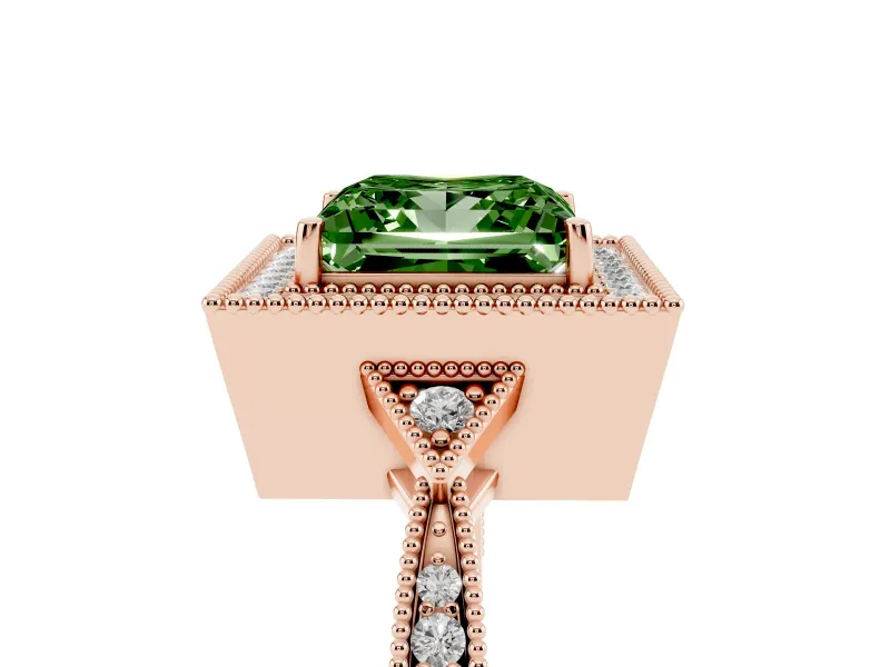 Fancy Green Princess Cut Diamond Halo Engagement Ring Set in Rose gold with Milgrain Pavé Band