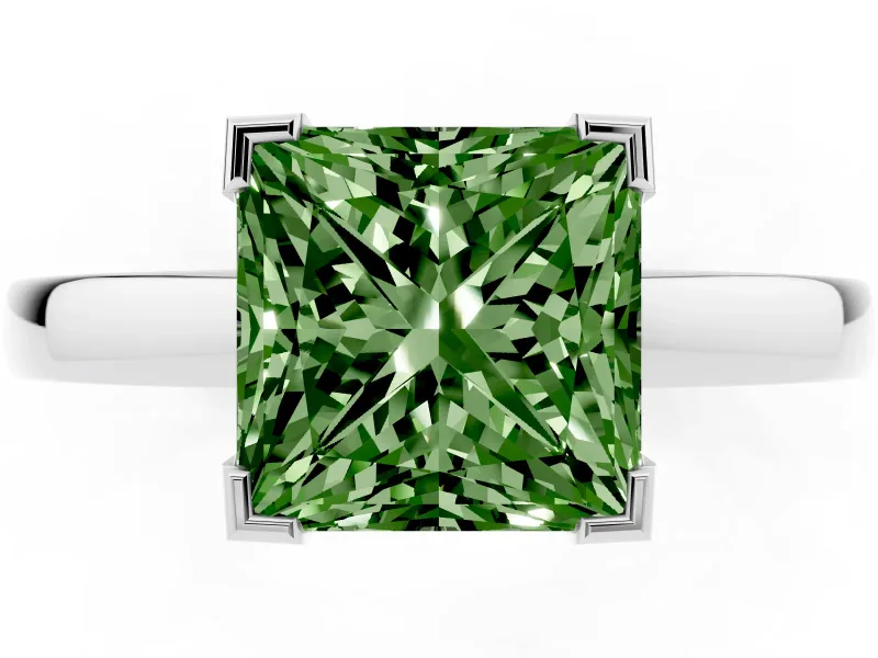 Fancy Green Princess Cut Diamond Solitaire Ring Set in Silver with Prong Head and Smooth Polished Band