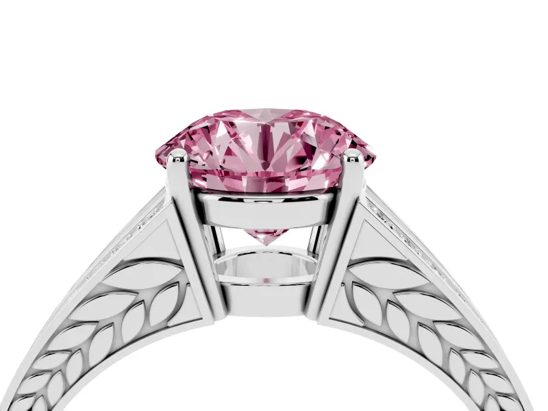 Fancy Pink Round Cut Diamond Split Shank Ring Set in Silver with Pavé Band and Prong Setting