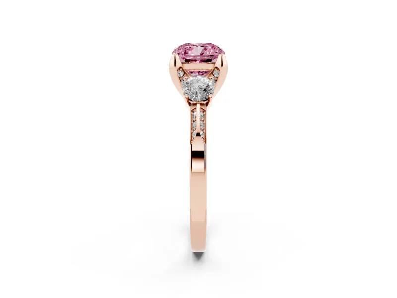 Cushion Cut Hidden Halo Three Stone Engagement Ring Setting for a Fancy Pink Lab-Grown Diamond | Rose Gold