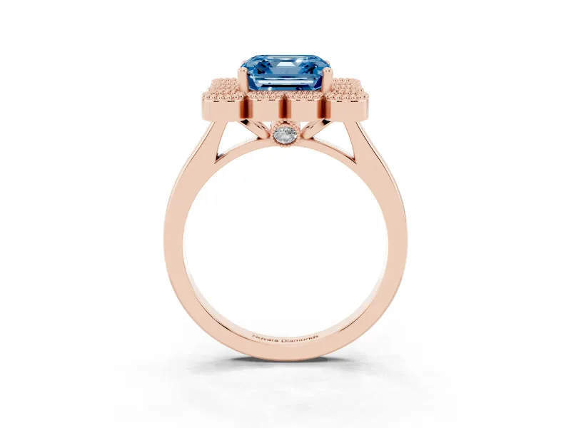 Asscher Cut Milgrain Cluster Halo Engagement Ring Setting for a Fancy Blue Lab-Grown Diamond | Plain Band | Rose Gold