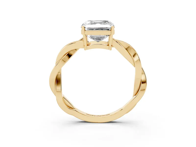 Asscher Cut Diamond Solitaire Twisted Pavé Ring Set in Yellow gold with Prong Setting