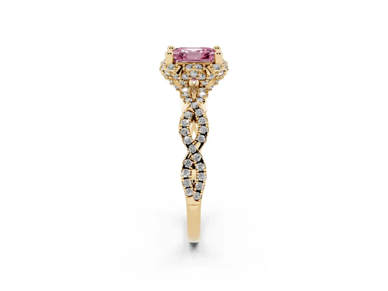 Asscher Cut Milgrain Halo Engagement Ring Setting for a Fancy Pink Lab-Grown Diamond | Graduated Shoulders | Yellow Gold