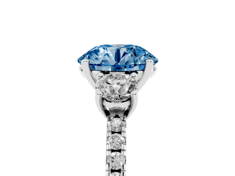 Fancy Blue Round Cut Diamond Three-Stone Ring Set in Silver with Pavé Band and Graduated Sides