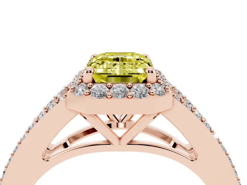 Emerald Cut Halo Engagement Ring Setting for a Fancy Yellow Lab-Grown Diamond | V-Split Pavé Band | Rose Gold