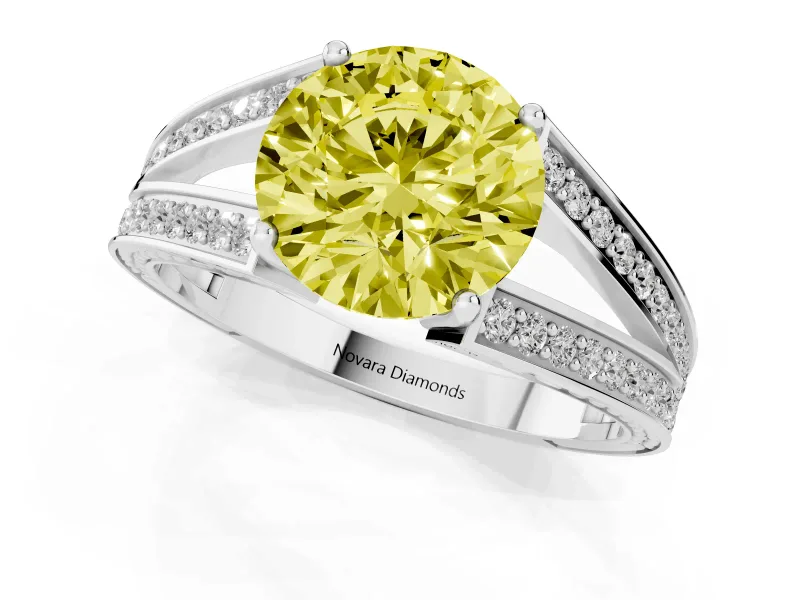 Fancy Yellow Round Cut Diamond Split Shank Ring Set in Silver with Pavé Band and Prong Setting