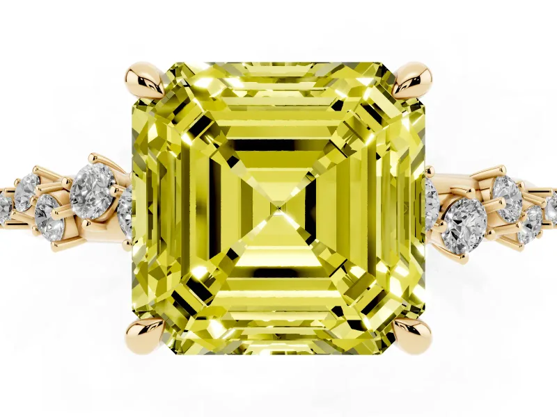 Fancy Yellow Asscher Cut Diamond Solitaire Vine Band Ring Set in Yellow gold with Round Accents and Prong Setting